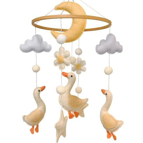 Goose Baby Crib Mobile, Handmade Felt Farm Mobile for Crib, Nursery Decor for Boys & Girls, Neutral Baby Shower Gift, with Goose, Moon & Stars
