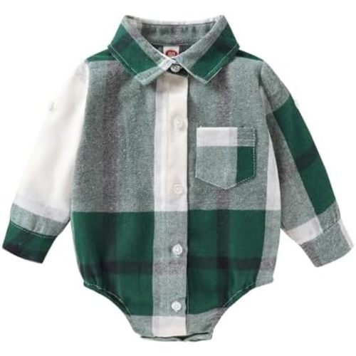 HAPPYMA Newborn Baby Boy Girls Plaid Outfit Flannel Romper Tops Infant Long Sleeve Button Down Plaid Casual Bodysuit Clothes