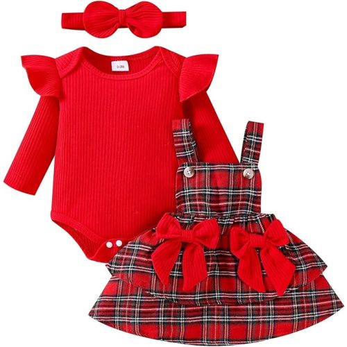 Baby Girl Clothes Fall Winter Outfit Long Sleeve Ruffle Romper Plaid Skirt Bow Headband 3 Pcs Set 0-18 Months - Red - 9-12 Months