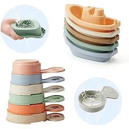 mushie Stackable Bath Boats Toy | Floating Bathtub Toys for Baby & Toddler, Set of 5 | Made in Denmark