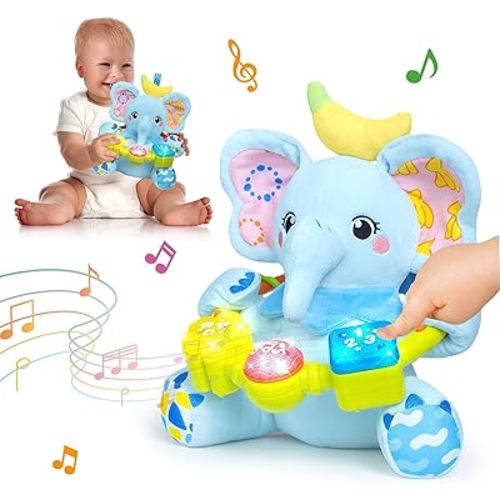 Baby Bilingual Musical Elephant Stuffed Animals Toys,Infant Early Learning Toy with Light-Up Music & Crinkle,Tummy Time Toys for 0 3 6 9 12+ Months for Baby Boy Girl Gift,Blue