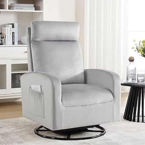 Swivel Glider Rocking Chair,Swivel Rocker Gliding Chair for Nursery,Glider Nursing Chairs with Side Pocket and High Back for Living Room,Bedroom,Velvet Grey