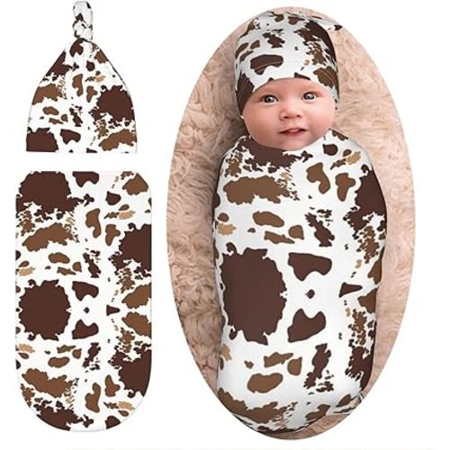 Cow Print Newborn Swaddle Blankets Western Baby Stuff Soft Brown Swaddle Sack Swaddling Blanket With Beanie Sets Gifts For Infant Boys Girls