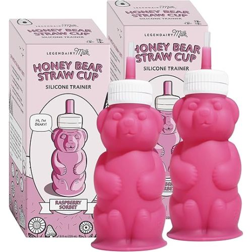 Legendairy Milk Honey Bear Straw Cup Silicone for Babies (Pink), 8 oz. Dishwasher Safe Baby Straw Cup, Food Grade Silicone, Honeybear Sippy Cup for Ages 4+ Months (Pack of 2)