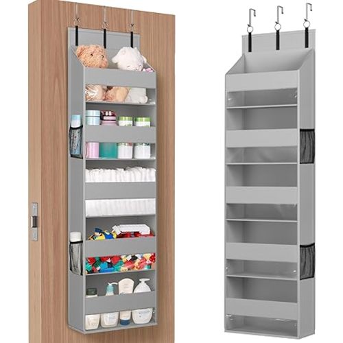 Lifewit 1 Pack Over the Door Organizer, 5 Shelf Clear Window Hanging Storage with 4 Mesh Side Pockets, Anti Tilt 40lbs Load Behind Door for Pantry, Nursery, Bathroom, Bedroom, Kitchen, Dorm,Light Grey