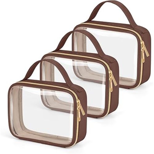 Wedama TSA Approved Toiletry Bag, 3 Pack Clear Makeup Bags with Handles, Quart Size PVC Clear Cosmetic Bags for Women and Men, Carry on Airport Airline Compliant Bag, Brown