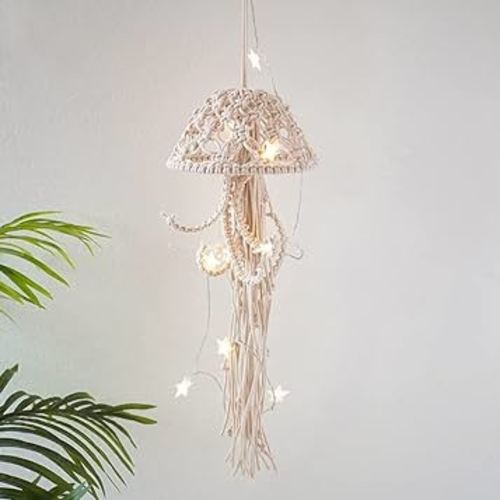 BYVUTE Jellyfish Wall Hanging, Art Decor Handmade Woven Boho Ornament Ocean Fish Wall Tapestry Macrame Hanger, for Office Bedroom Apartment Living Room Nursery Gallery (White)