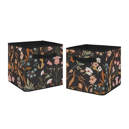 Sweet Jojo Designs Boho Wildflower Vintage Floral Girl Collapsible Fabric Storage Cubes Foldable Bins Organizer Boxes Kids Baby Childrens Toys Set of 2 Black Orange Teal Bohemian Farmhouse Cottagecore