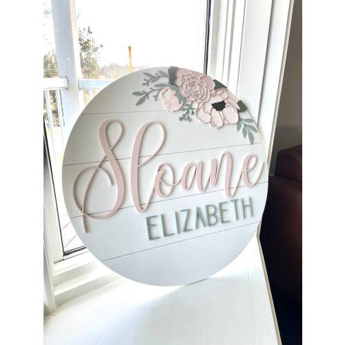 Custom Wood baby Name Sign | Round Sign | Floral | shiplap | peony | Nursery Wall Art | Baby Shower Gift | Girls room decor