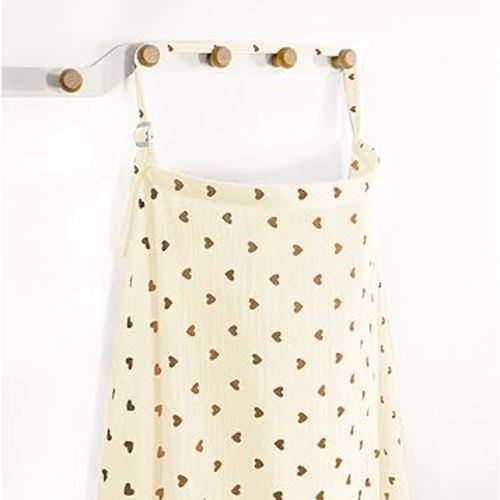Muslin Nursing Covers for Breastfeeding, Arch Neckline Breast Feeding Covers for Women, Moms Privacy Breathable Summer Nursing Apron, 43.3" x 25.6" Soft Feeding Cover (Beige Sweet Khaki Heart)