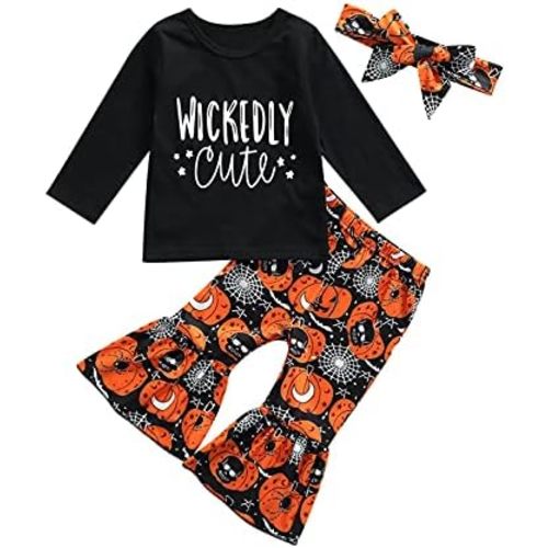 1-6T Toddler Girl Halloween Clothes Set Plaid Pumpkin T-Shirts Tees Pullover Shirts Tops+Flare Pants Outfit Set