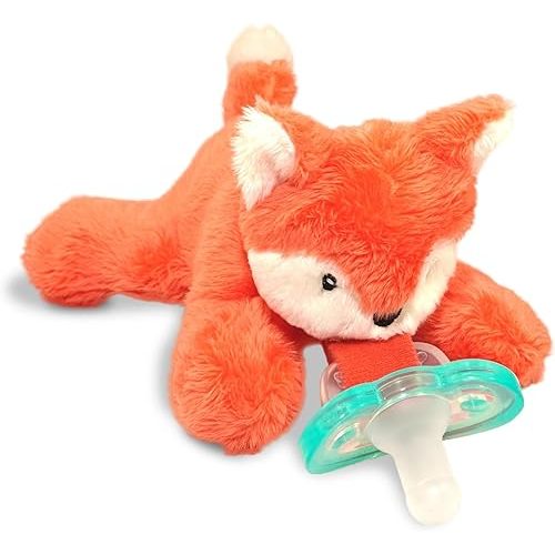 RaZbaby JollyPop Pacifier, Holder w/Detachable Baby Pacifier, Stuffed Animal RaZbuddy, All Ages 0M+, 100% Medical Grade USA Made Silicone, Machine Washable, Textured & Easy to Hold – Fox