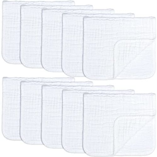 Muslin Burp Cloths Large 100% Cotton Hand Washcloths 6 Layers Extra Absorbent and Soft by Comfy Cubs (White, 10-Pack, 20" X10" )