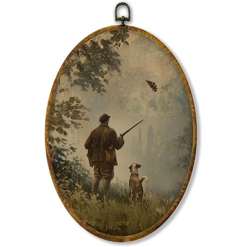 Hiuwevt Vintage Rustic Farmhouse Oval Wall Art Decor, Country Hunting Framed Canvas Prints, Moody Forest Hunter and Dog Oval Wall Hanging Decor for Bedroom Living Room Decorations, 8.6x11.4 Inches