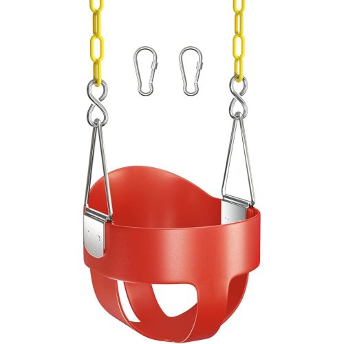 AGPTEK High Back Full Bucket Toddler Swing Seat Infant Swing with Yellow Coated Swing Chains and Carabiners Baby Swing Outdoor for Easy Install(Red)