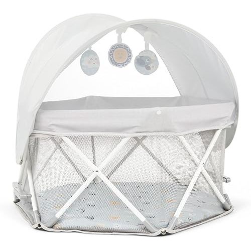My Play Baby Portable Infant Bassinet, Indoor Outdoor UPF 50+ Canopy, Mesh Sides, 29x14 Inches, Foldable Travel Playard with Toys, Padded Base, Newborn to 15 Pounds