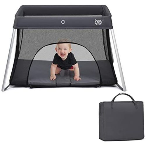 BABY JOY Baby Foldable Travel Crib, 2 in 1 Portable Playpen with Soft Washable Mattress, Side Zipper Design, Lightweight Installation-Free Home Playard with Carry Bag, for Infants & Toddlers (Grey)