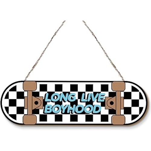 MOTERMATE Preppy Long Live Boyhood Sign Decor, Teen Boys Playroom Trendy Room Front Porch Door Decor, Cool Skateboard Room Wall Hanging Decor for Teen Boys, Boys Bedroom Bathroom Decor, 12x6 Inch