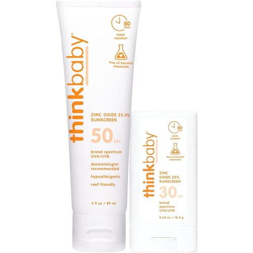 Thinkbaby SPF 50+ Baby Mineral Sunscreen, 3 oz + Thinkbaby SPF 30+ Sunscreen Stick, 0.64 oz, Water Resistant - Broad Spectrum UVA/UVB Sun Protection