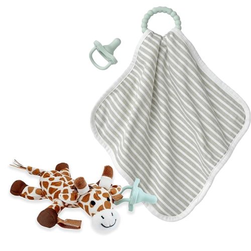 Dr. Brown's Baby Lovey Pacifier Holder, Teether & Blanket Set with 100% Silicone Pacifiers, Newborn Essentials