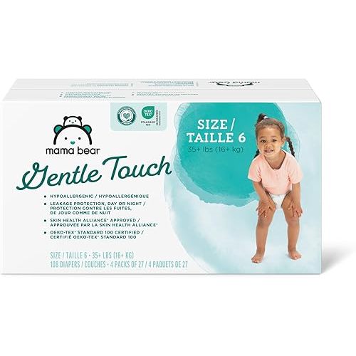 Amazon Brand - Mama Bear Gentle Touch Diapers, Hypoallergenic, Size 6, 108 Count (4 packs of 27), White