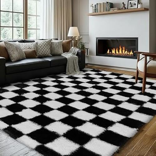 Super Soft Rug for Bedroom, 8x10 Ft Black and White Area Rug Classic Checkered Shaggy Anti-Skid High Pile Soft Fluffy Rug Fuzzy Carpet for Living Room Bedroom Kids Room Nursery, Dorm Home Decor