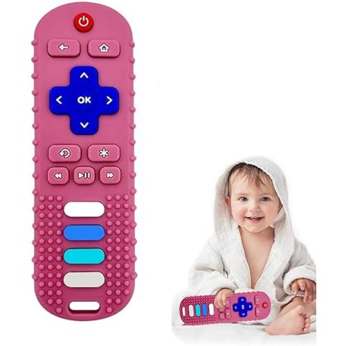 Baby Teether Toy, TV Remote Control Shape Teething Baby Toys for Infants, Baby Chew Remote Teether Toys for Babies 3-18 Months,BPA Free (Pink)