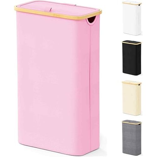 SpaceAid Slim Laundry Hamper with Lid, 65L Narrow Clothes Basket Bin with Bamboo Handles, Skinny Tall Collapsible Hamper for Bedroom, Bathroom, Dorm, Laundry Room - Pink