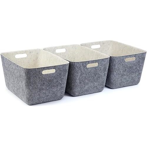 Three by Three Seattle reSTAK Medium Tall Storage Bin – Made from 100% Post-Consumer Recycled PET, Charcoal/Cream Felt Design for Stylish Organization, 3 Pack