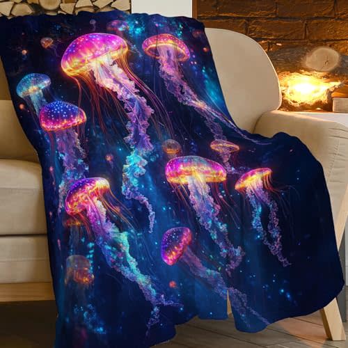Jellyfish Blanket Ocean Throws Sea Marine Life Print Plush Fuzzy Fleece Blankets Gifts for Girls Boys Super Soft Warm Cozy Stuffed Animal for Men Women Couch Bed Sofa Decor 50"x40"