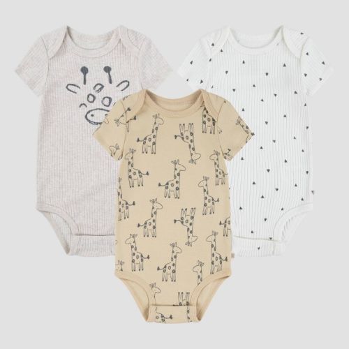 Huggies Baby 3pk Giraffes Short Sleeve Bodysuit - Neutral 3M: Organic Cotton, Animal Pattern, Crotch Snap