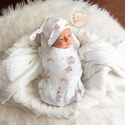 Ylsteed Baby Swaddle Blanket and Headband Set, Newborn Receiving Blanket Swaddle Wrap for Girls and Boys, Swaddling Blankets Neutral for Newborn, Soft and Skin-Friendly 32 * 32 inches(Bear Pattern)
