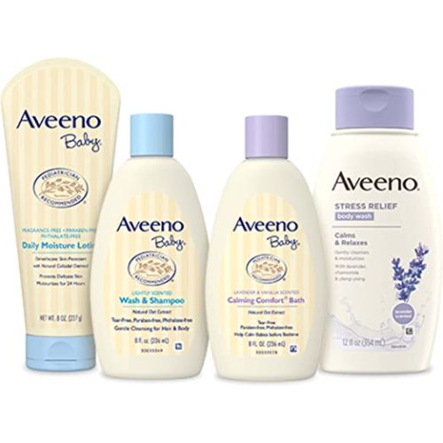 Aveeno Baby Mommy & Me Daily Bathtime Gift Set Including Baby Wash & Shampoo, Calming Baby Bath & Wash, Baby Moisturizing Lotion & Stress Relief Body Wash for Mom, Soap-Free, 4 Items