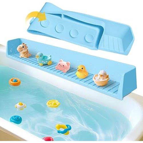 Ganaj Silicone Bathtub Splash Guard for Kids, Splash Guard for Bathtub with 11 Suction Cups,Toy Tray Caddy Holder for Tub,Prevents Water Spills in Bathroom, Bathtub Shelf for Kids (Baby Blue)