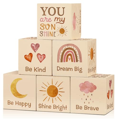 6 Pcs 1.6 Inch Inspirational Boho Rainbow Nursery Decor Baby Wooden Sun Clouds Rainbow Decor Wood Blocks Boho Rainbow Centerpiece Watercolor Shelf Decor for Nursery Bedroom Playroom Decor