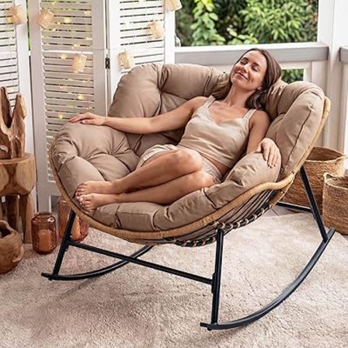 Oversized Papasan Rocking Chair with Cushion, All-Weather Wicker Egg Rocker Indoor Outdoor, 450 lbs Sturdy Comfy Recliner Glider Lounge Chair for Balcony Livingroom Bedroom Porch, Brown