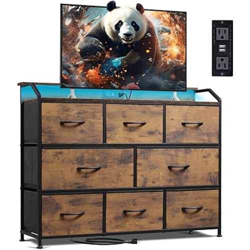 WLIVE Led Dresser for Bedroom, TV Stand for Bedroom with LED Lights and Power Outlet, Wide Chest of Drawers for Hallway, 8 Fabric Drawers for Living Room and Entryway, Rustic Brown