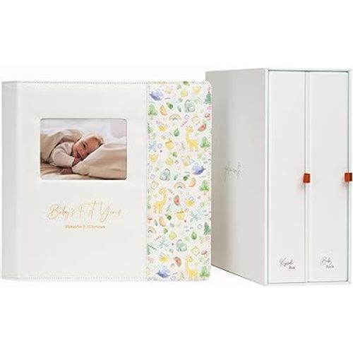 Keepsake Baby Memory Book with Keepsake Box Girl Boy - Timeless Leather-Bound Baby Milestone Book | Baby Book Keepsake and Baby Photo Memory Box to Record Baby Shower to Age 5 - Beautiful Gift