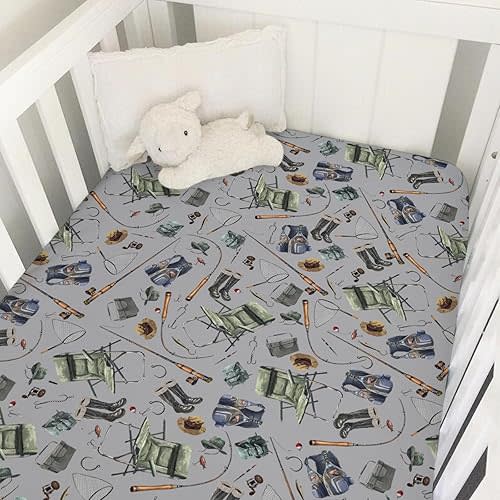 Fishing Baby Crib Sheets 52''x28'' Fishing Lovers Gift Snug Fitted Crib Mattress Sheet for Boy Girl Fishing Nursery Bedding Decor Soft Baby Crib Sheets for for Standard Crib and Toddler Mattresses