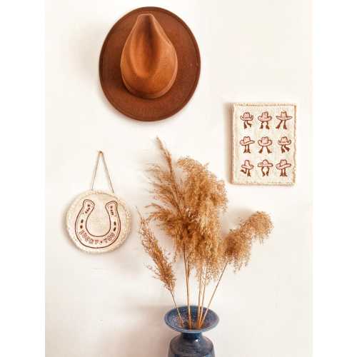 Western Nursery Wall Decor, Tufted Cowboy Hat & Horseshoe Set, Boho Country Kids Room Art, Cowgirl Teen Room Textile Wall Hanging