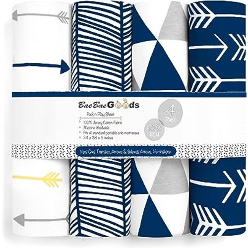 Pack n Play Sheets – Pack and Play Sheets 4 Pack – 100% Super Soft Jersey Knit Cotton Playard Mattress Sheets – Portable Playpen Sheet – Fitted Play Yard Mini Crib Sheets for Boy & Girl (24 x 38 x 5)
