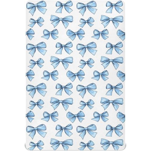 Pretty Blue Bow Fitted Crib Sheets Stretchy Portable Playard Sheets for Baby Toddler, Breathable Soft Mini Crib Mattress 52 x 28 in for Boys and Girls
