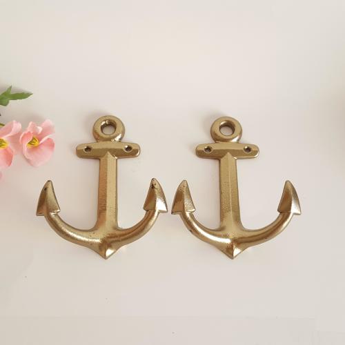 Anchors Aweigh! Pair of Gold Metal Coat Hooks Hangers Nautical Decor 6" tall