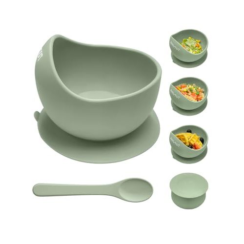 Qyeejong Stay Put Suction Bowls for Babies Kids, Food Grade Silicone Bowl and Spoon Set for Led Weaning, Self Feeding Baby Toddler Dishes & Utensils, Silicone Feeding Set BPA Free 12 Oz