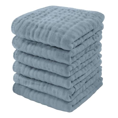 Comfy Cubs Muslin Baby Washcloths 6 Pack - Soft 6-Layer Cotton Wash Cloths for Sensitive Skin - 10"x10" Large, Gentle, Absorbent Infant Essentials for Newborn and Toddlers - Pacific Blue