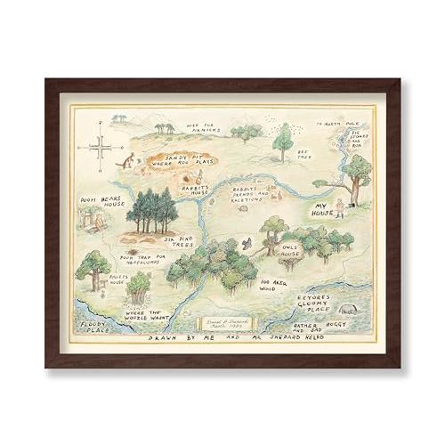 Poster Master Vintage Illustration Poster - Retro Landscape Print - Gift for Baby, Kid - 100 Acre Wood Map, Bear, Pig, Animal, Famous Cartoon - Wall Decor for Bedroom Nursery, 11x14 Brown Framed
