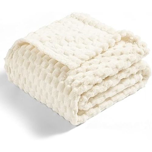 Vessia Flannel Fleece Throw Blanket(50x70 inch), 3D Jacquard Cream Fuzzy and Warm Blanket for Couch,Sofa,Bed,Chair, 300GSM Super Soft Touch Cozy Lightweight Throw for All-Season Home Decor