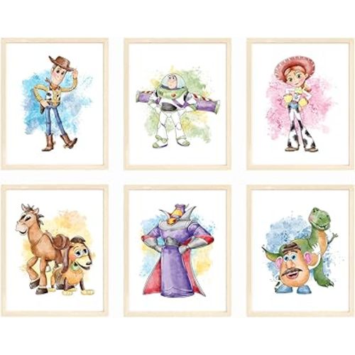 Nistio® Toy Story Watercolor Prints, Toy Story Wall Art Decor, Toy Story Poster, Woody Sheriff, Buzz Lightyear, Mr. Potato Head, Set of 6, 8x10 inches (Unframed)