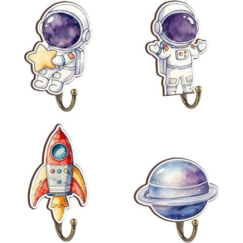 Space Nursery Decor Wall Hooks, 4 Pcs Wooden Space Hooks for Kids Room,Cute Astronaut Rocket Planet Moon Towel Hangers for Baby Boy Nursery Bathroom Home Wall Decor, 4 x 4 Inches Kids Walls Hook