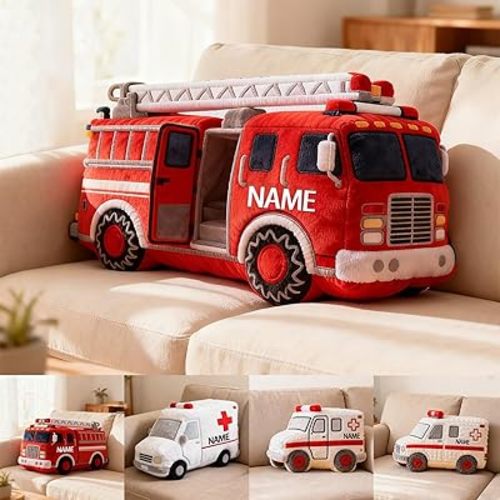 Personalized Fire Truck Shaped Pillow Custom Name Cool Fire Truck Throw Pillow, Cute Decorative Pillows for Sofa Bed Couch, Home Decor Gifts for Men Women (Style 03)